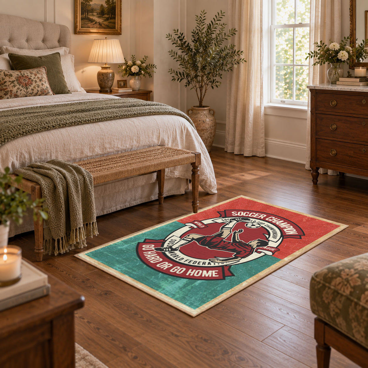 Soccer player emblem area rug in red, teal, cream, and black, featured room view