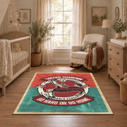 Soccer player emblem area rug in red, teal, cream, and black, full pattern view