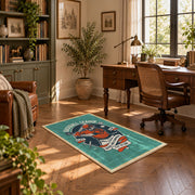 Baseball player area rug in teal, orange, cream, and navy, complete product view
