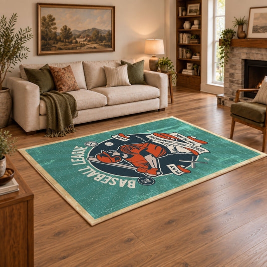 Baseball player area rug in teal, orange, cream, and navy, angled room view