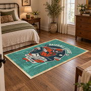 Baseball player area rug in teal, orange, cream, and navy, full pattern view