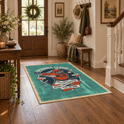 Baseball player area rug in teal, orange, cream, and navy, wood floor styling