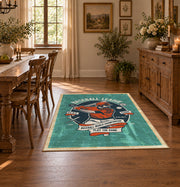 Baseball player area rug in teal, orange, cream, and navy, close decorative detail
