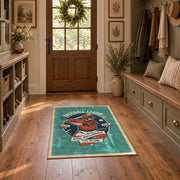 Baseball player area rug in teal, orange, cream, and navy, front room mockup