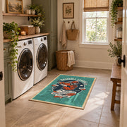Baseball player area rug in teal, orange, cream, and navy, wide interior view