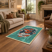Baseball player area rug in teal, orange, cream, and navy, design detail view