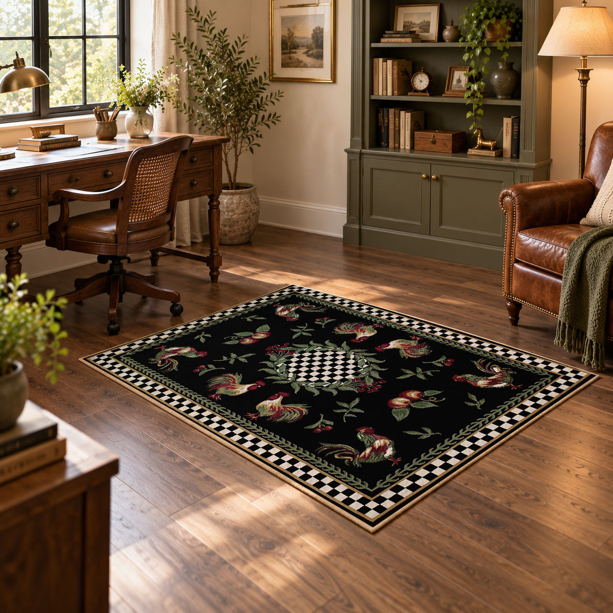 Vintage rooster floral area rug with a black and white checkerboard border, featured room view
