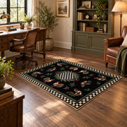 Vintage rooster floral area rug with a black and white checkerboard border, featured room view