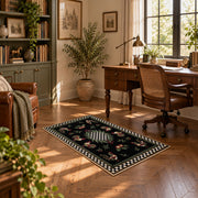 Vintage rooster floral area rug with a black and white checkerboard border, complete product view