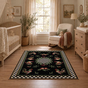 Vintage rooster floral area rug with a black and white checkerboard border, full pattern view