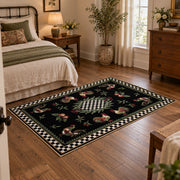 Vintage rooster floral area rug with a black and white checkerboard border, soft surface detail