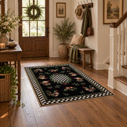 Vintage rooster floral area rug with a black and white checkerboard border, wood floor styling