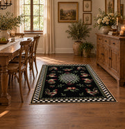Vintage rooster floral area rug with a black and white checkerboard border, close decorative detail