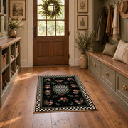 Vintage rooster floral area rug with a black and white checkerboard border, front room mockup