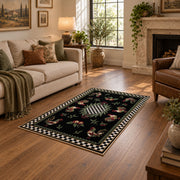 Vintage rooster floral area rug with a black and white checkerboard border, design detail view