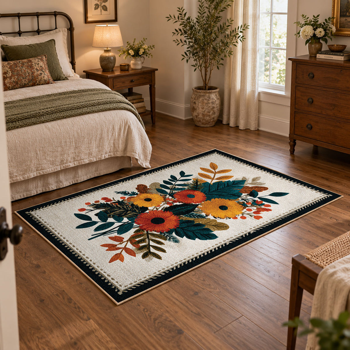 Autumn wildflower bouquet area rug in orange, yellow, teal, and cream, featured room view