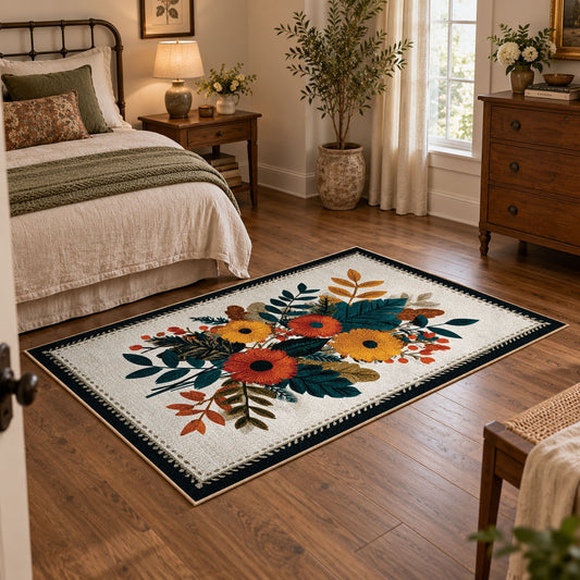 Autumn wildflower bouquet area rug in orange, yellow, teal, and cream, featured room view