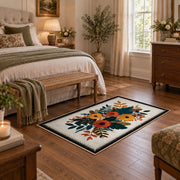 Autumn wildflower bouquet area rug in orange, yellow, teal, and cream, cozy home setting