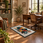 Autumn wildflower bouquet area rug in orange, yellow, teal, and cream, complete product view
