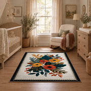 Autumn wildflower bouquet area rug in orange, yellow, teal, and cream, full pattern view