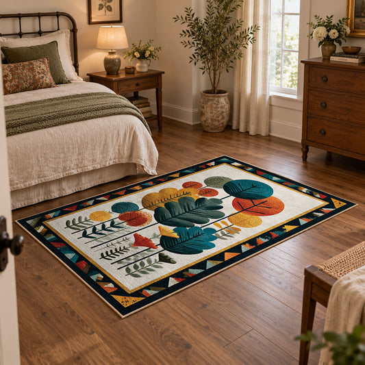 Mid century botanical area rug in teal, orange, mustard, and cream, featured room view
