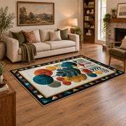 Mid century botanical area rug in teal, orange, mustard, and cream, angled room view