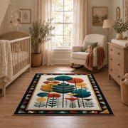 Mid century botanical area rug in teal, orange, mustard, and cream, full pattern view