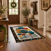 Mid century botanical area rug in teal, orange, mustard, and cream, wood floor styling