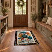 Mid century botanical area rug in teal, orange, mustard, and cream, front room mockup