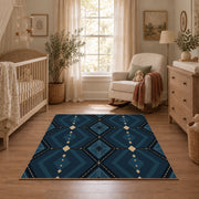 Navy geometric diamond area rug in deep blue, black, and beige, featured room view