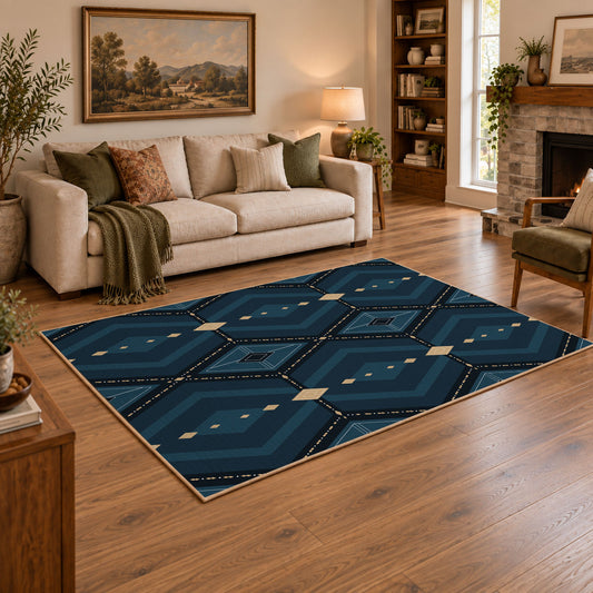 Navy geometric diamond area rug in deep blue, black, and beige, angled room view
