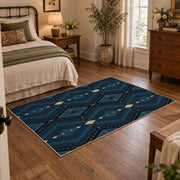 Navy geometric diamond area rug in deep blue, black, and beige, full pattern view