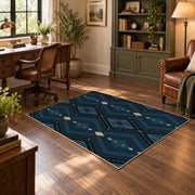 Navy geometric diamond area rug in deep blue, black, and beige, soft surface detail