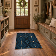 Navy geometric diamond area rug in deep blue, black, and beige, front room mockup