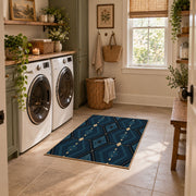 Navy geometric diamond area rug in deep blue, black, and beige, wide interior view