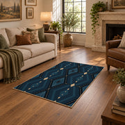 Navy geometric diamond area rug in deep blue, black, and beige, design detail view