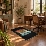 Knitting yarn quote area rug in black with coral, teal, yellow, and cream accents, complete product view