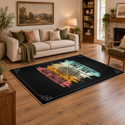 Knitting yarn quote area rug in black with coral, teal, yellow, and cream accents, angled room view