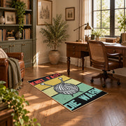 Retro knitting yarn area rug in yellow, mint, coral, black, and cream, complete product view