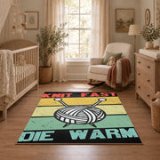 Retro knitting yarn area rug in yellow, mint, coral, black, and cream, full pattern view
