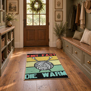 Retro knitting yarn area rug in yellow, mint, coral, black, and cream, front room mockup