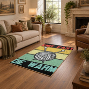 Retro knitting yarn area rug in yellow, mint, coral, black, and cream, design detail view