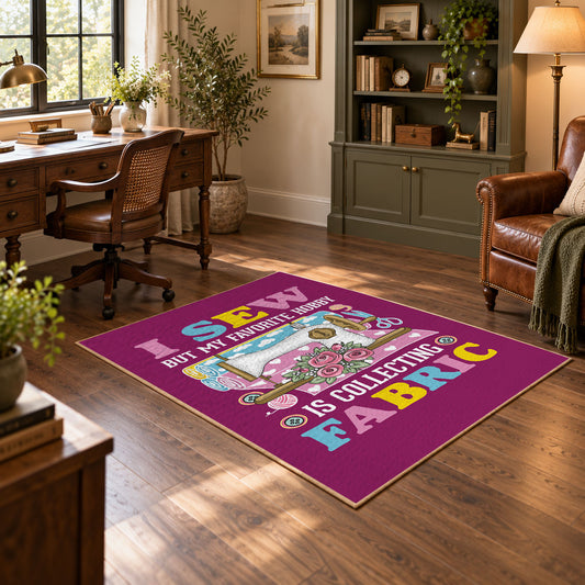 Colorful sewing machine area rug in magenta, yellow, teal, and pink, featured room view