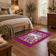 Colorful sewing machine area rug in magenta, yellow, teal, and pink, cozy home setting