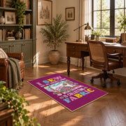 Colorful sewing machine area rug in magenta, yellow, teal, and pink, complete product view