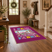 Colorful sewing machine area rug in magenta, yellow, teal, and pink, wood floor styling