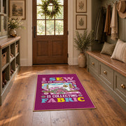 Colorful sewing machine area rug in magenta, yellow, teal, and pink, front room mockup