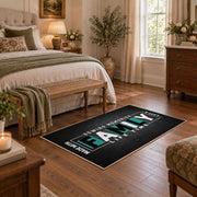 Funny family typography area rug in black, white, and teal, featured room view