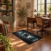 Funny family typography area rug in black, white, and teal, complete product view