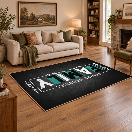 Funny family typography area rug in black, white, and teal, angled room view